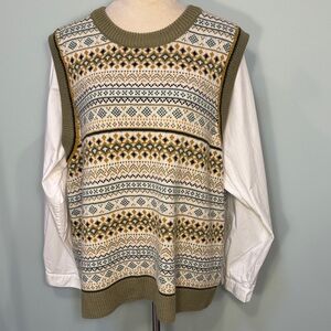 DKNY Olive and Cream Patterned Crewneck Sweater Size L/XL